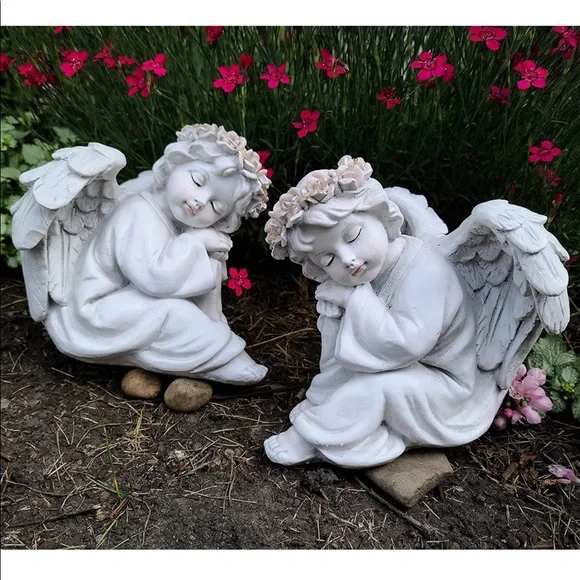 NEW Happy Compost Garden Angel Cherub Statue Figurines Solar Light Halo Set of 2 - Picture 7 of 9